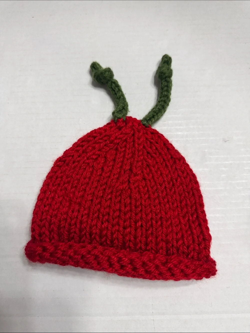 Red Knit Kids Beanie with Yellow Eye Detail and Green Antennae